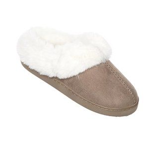 NWT Womens S (5-6) Slippers Cuddl Duds Microsuede Clog Brown/White Faux fur